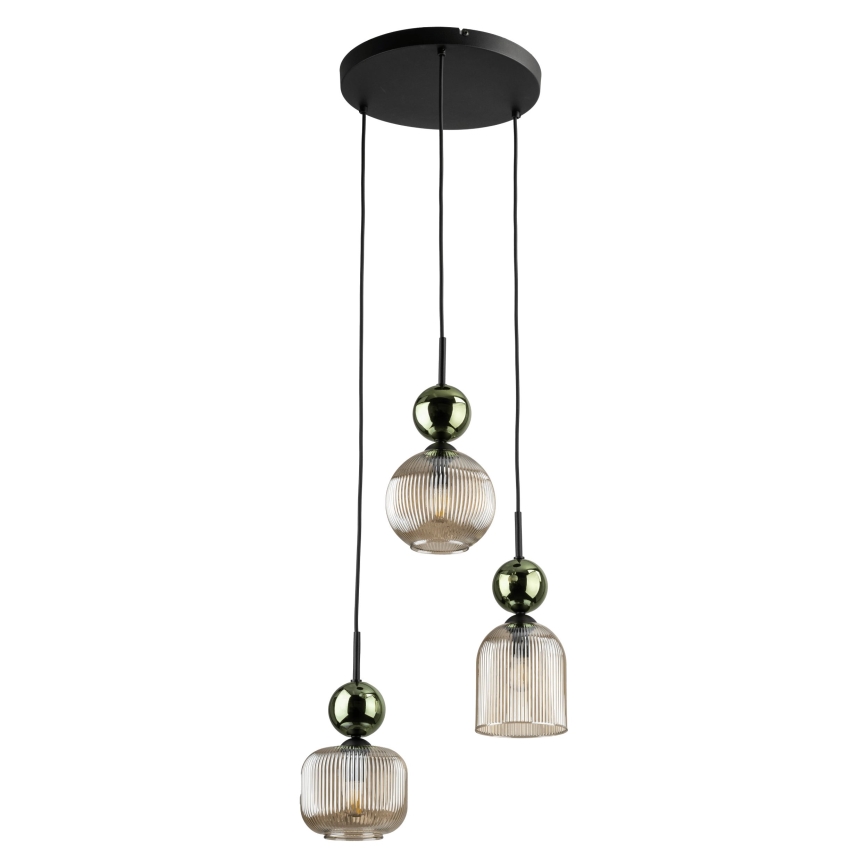 Suspension sur câble SOPHIA 3xE14/10W/230V noir/vert/beige fumé