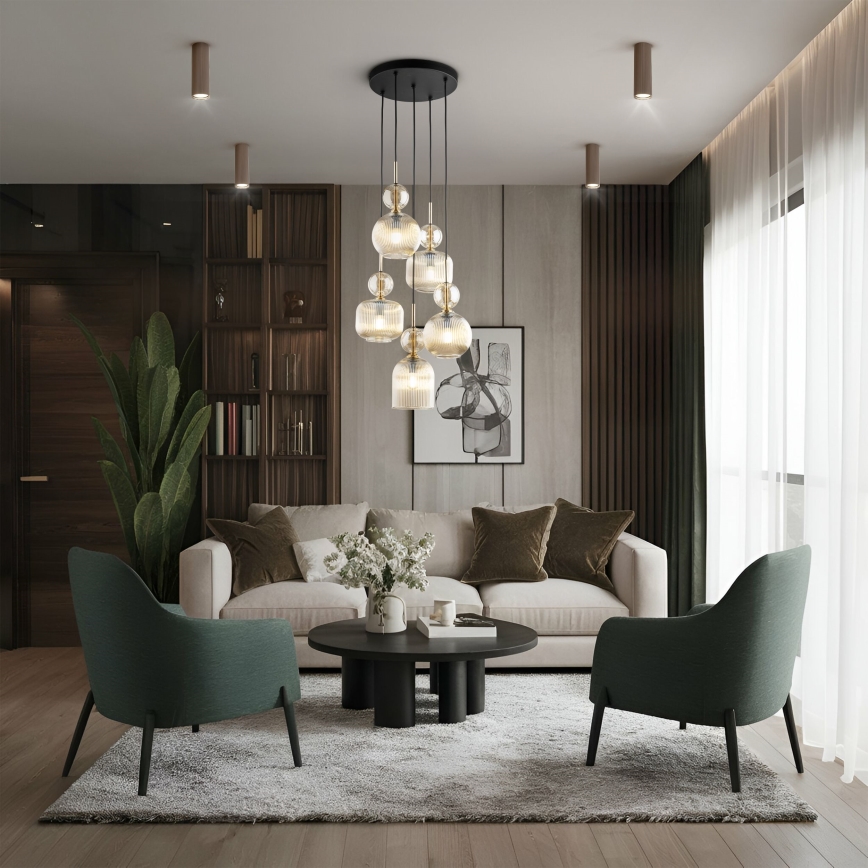 Suspension sur câble SOPHIA 5xE14/10W/230V noir/beige fumé