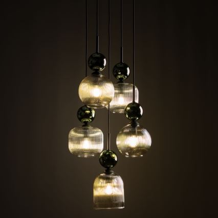 Suspension sur câble SOPHIA 5xE14/10W/230V noir/vert/beige fumé