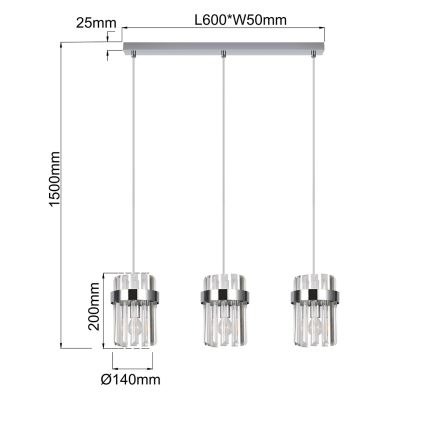 Suspension sur câble VETRO 3xE14/10W/230V, chrome brillant