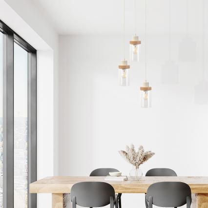 Suspension sur câble WOODNEST 3xE27/15W/230V pin/crème