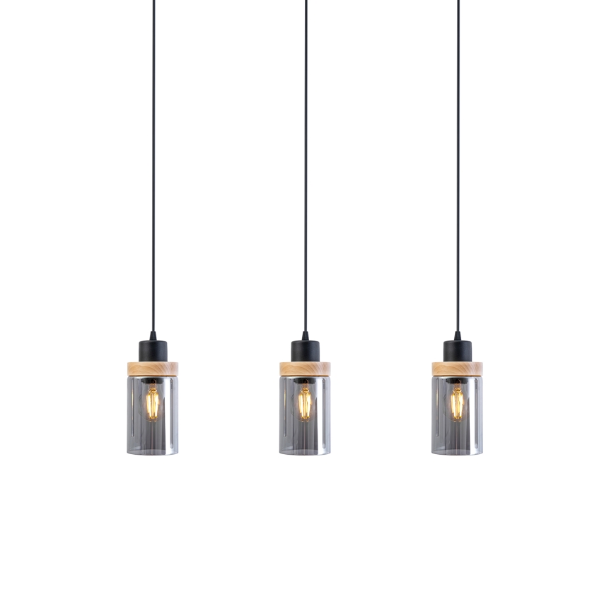 Suspension sur câble WOODNEST 3xE27/15W/230V pin/noir fumé