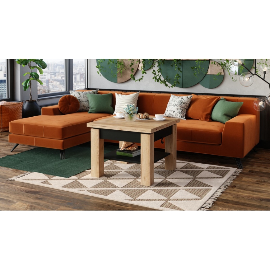 Table basse/à manger extensible à plateau relevable CALEB — chêne craft/noir