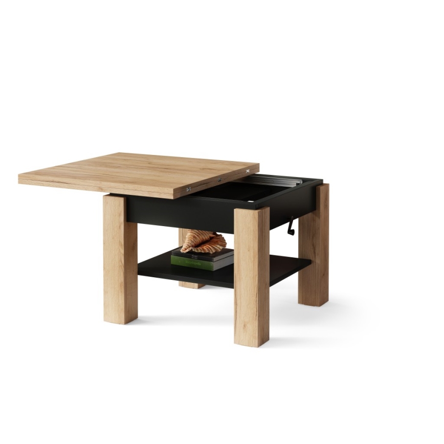 Table basse/à manger extensible à plateau relevable CALEB — chêne craft/noir