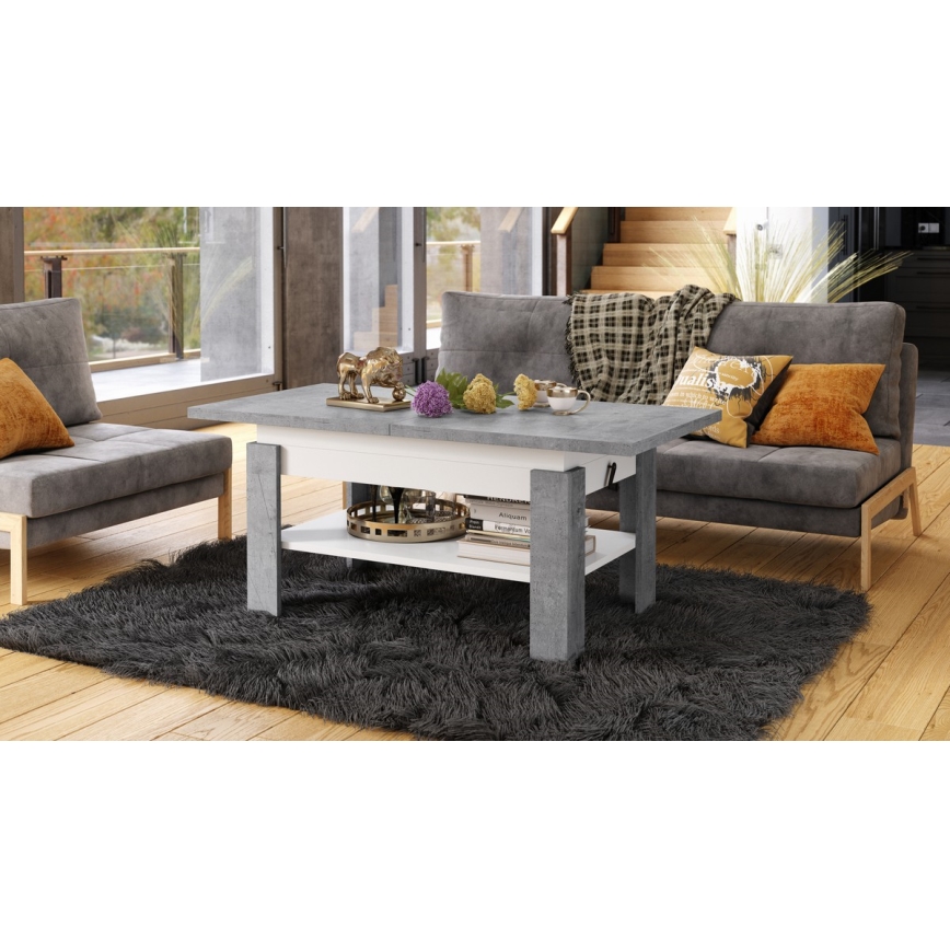 Table basse/à manger extensible avec plateau relevable ROY gris béton/blanc