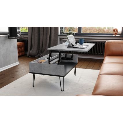 Table basse à plateau relevable et étagère HALIJA gris béton/noir
