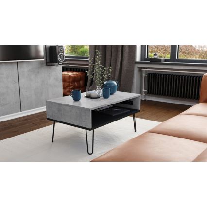 Table basse à plateau relevable et étagère HALIJA gris béton/noir