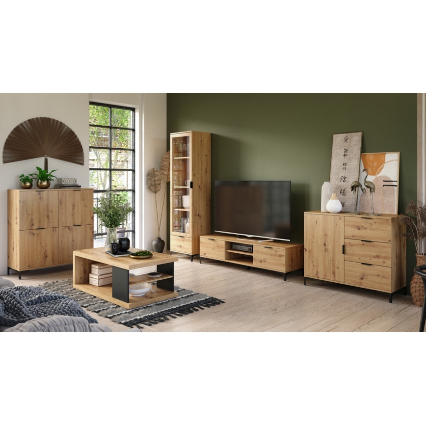 Table basse avec étagère et espace de rangement LORA 110x60 cm chêne artisan/noir