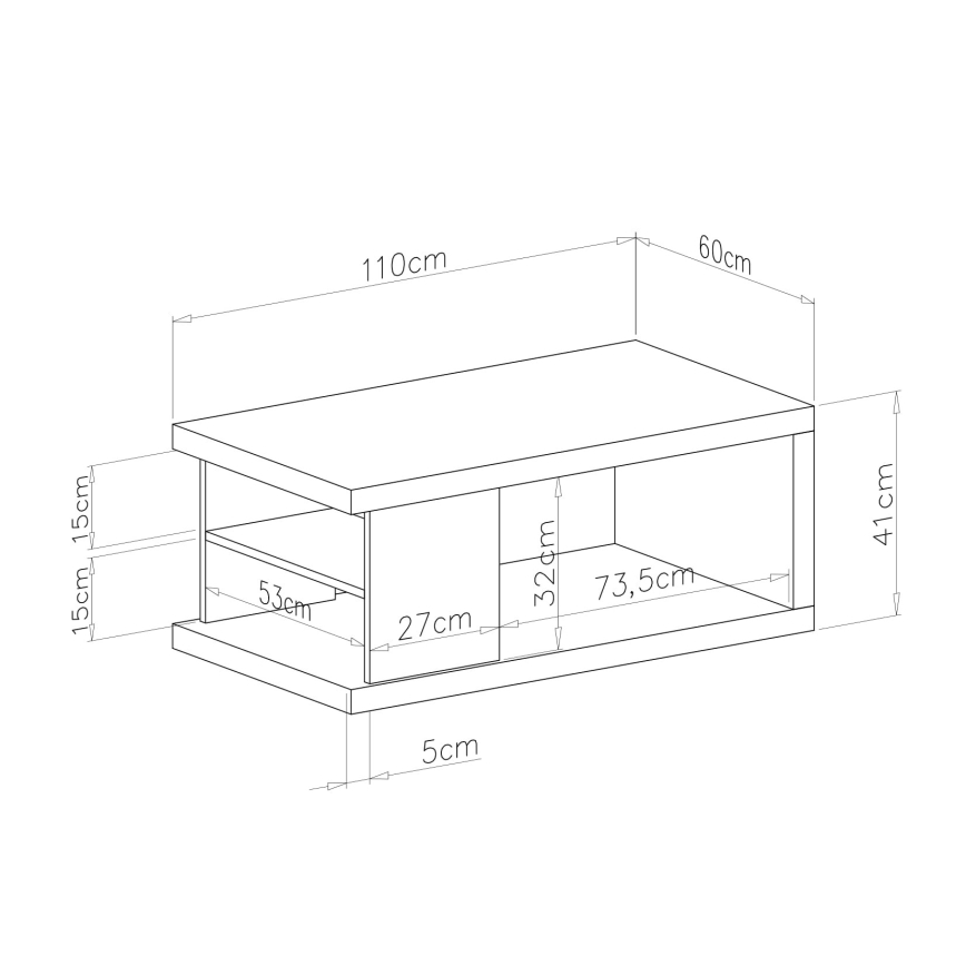 Table basse avec étagère et espace de rangement LORA 110x60 cm chêne artisan/noir