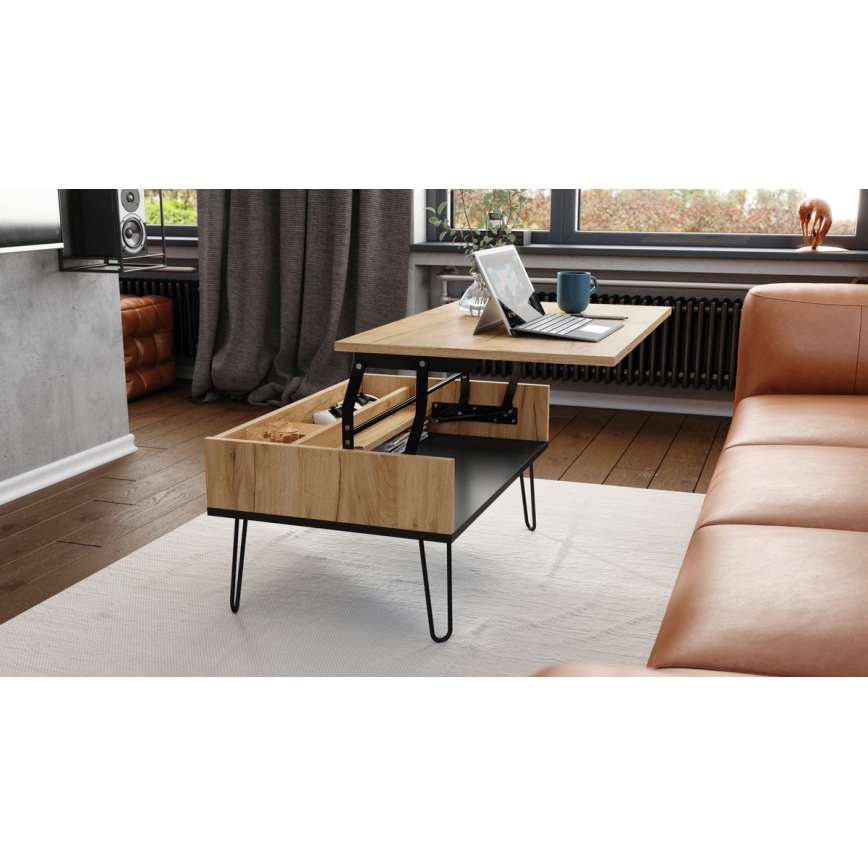 Table basse avec plateau relevable et étagère HALIJA chêne craft/noir
