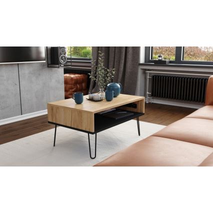 Table basse avec plateau relevable et étagère HALIJA chêne craft/noir