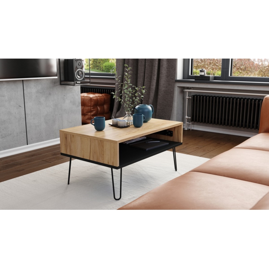 Table basse avec plateau relevable et étagère HALIJA chêne craft/noir