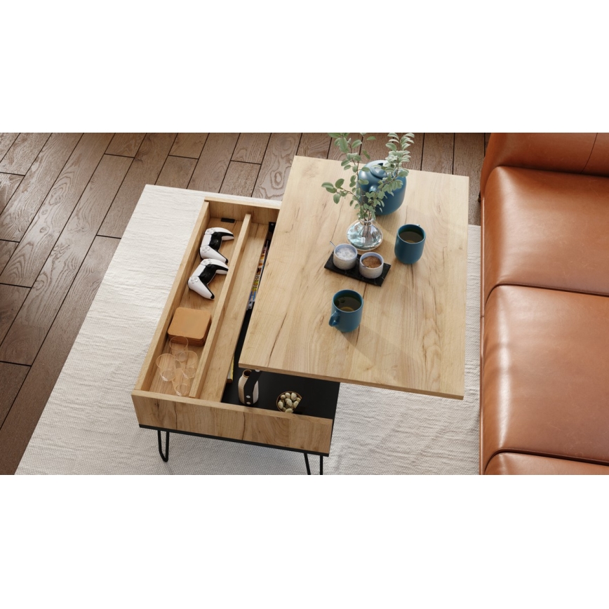 Table basse avec plateau relevable et étagère HALIJA chêne craft/noir