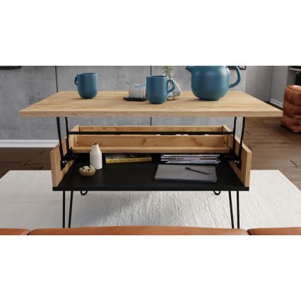 Table basse avec plateau relevable et étagère HALIJA chêne craft/noir