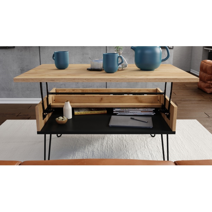 Table basse avec plateau relevable et étagère HALIJA chêne craft/noir