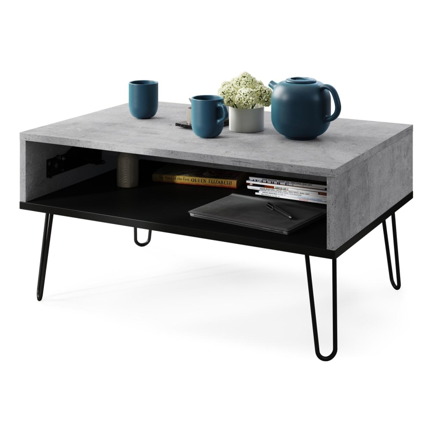 Table basse avec plateau relevable et étagère HALIJA gris/noir