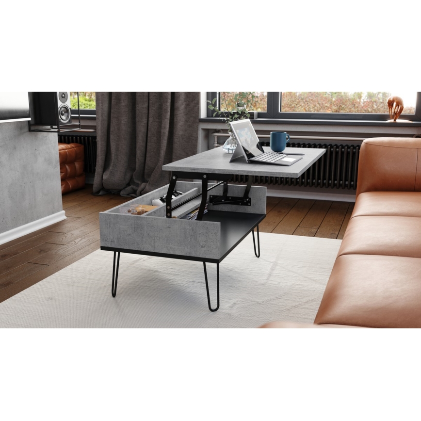 Table basse avec plateau relevable et étagère HALIJA gris/noir