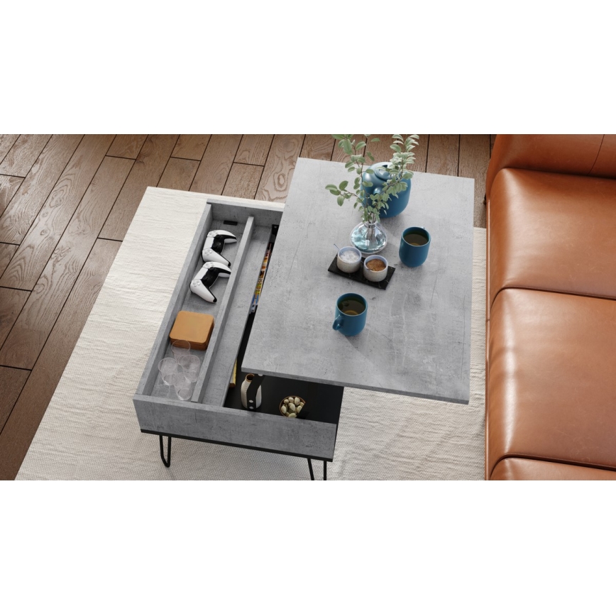 Table basse avec plateau relevable et étagère HALIJA gris/noir
