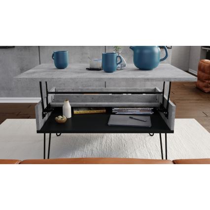 Table basse avec plateau relevable et étagère HALIJA gris/noir