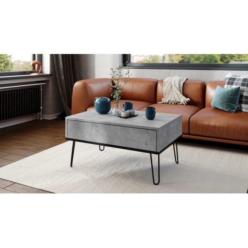 Table basse avec plateau relevable et étagère HALIJA gris/noir