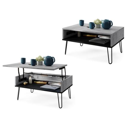 Table basse avec plateau relevable et étagère HALIJA gris/noir