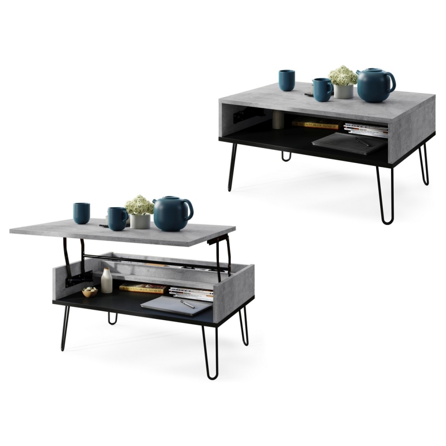 Table basse avec plateau relevable et étagère HALIJA gris/noir