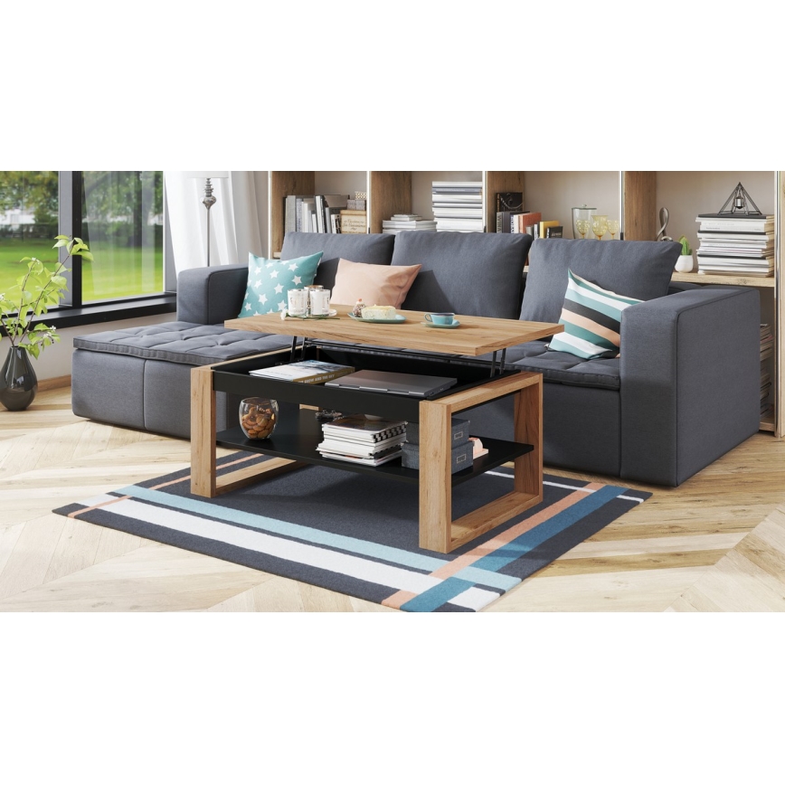 Table basse avec plateau relevable et étagère NEA chêne/noir