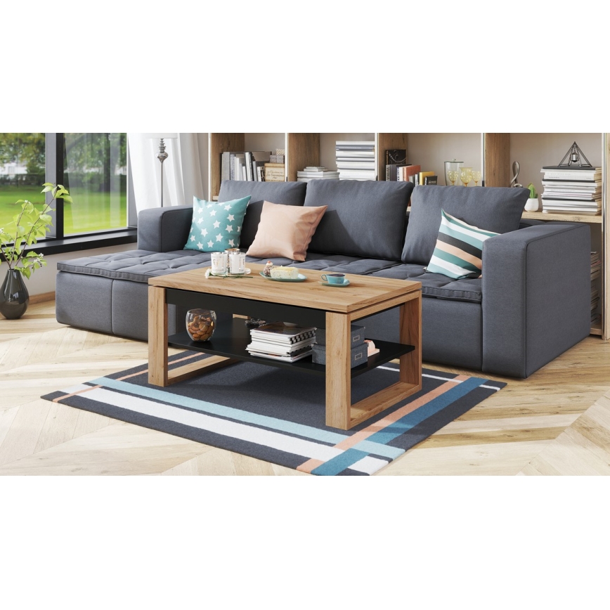 Table basse avec plateau relevable et étagère NEA chêne/noir