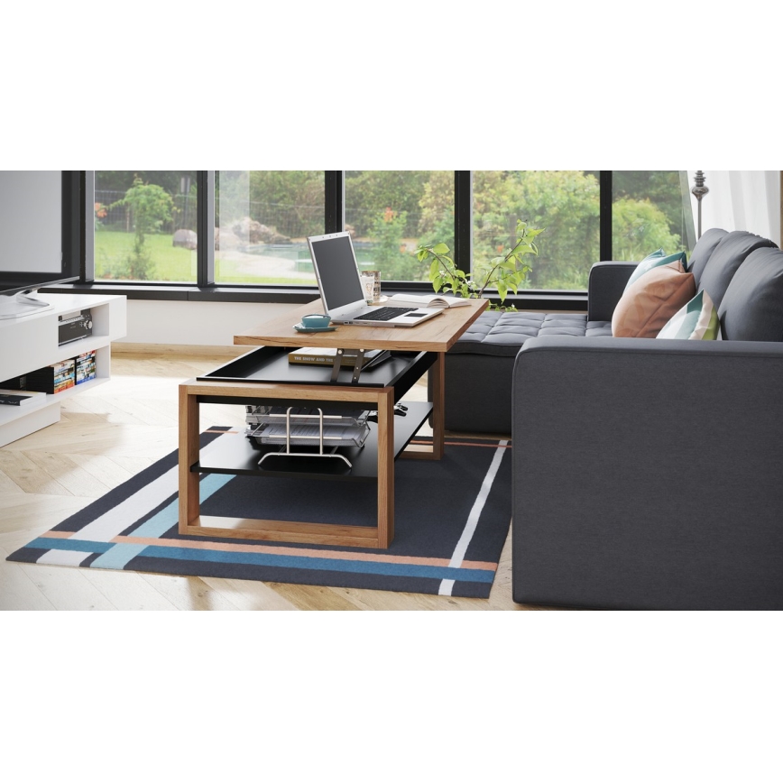Table basse avec plateau relevable et étagère NEA chêne/noir