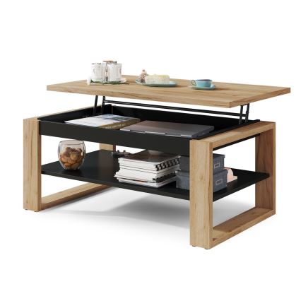 Table basse avec plateau relevable et étagère NEA chêne/noir