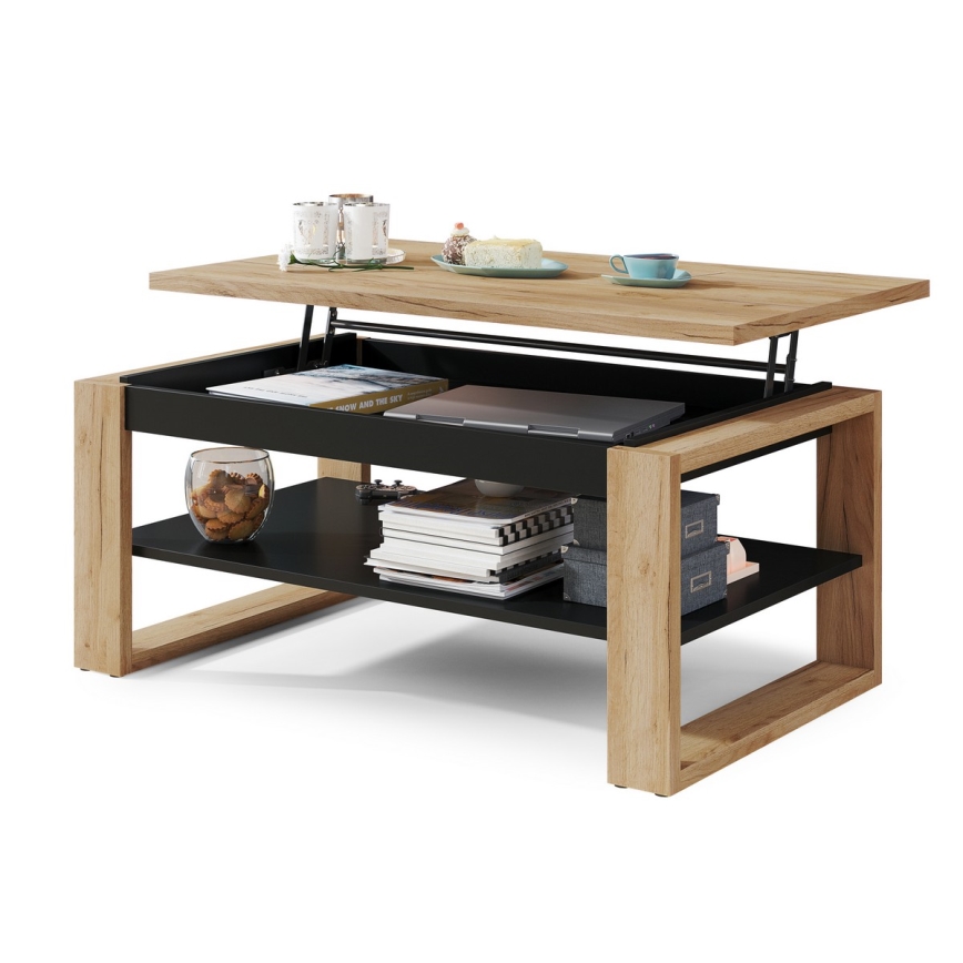 Table basse avec plateau relevable et étagère NEA chêne/noir