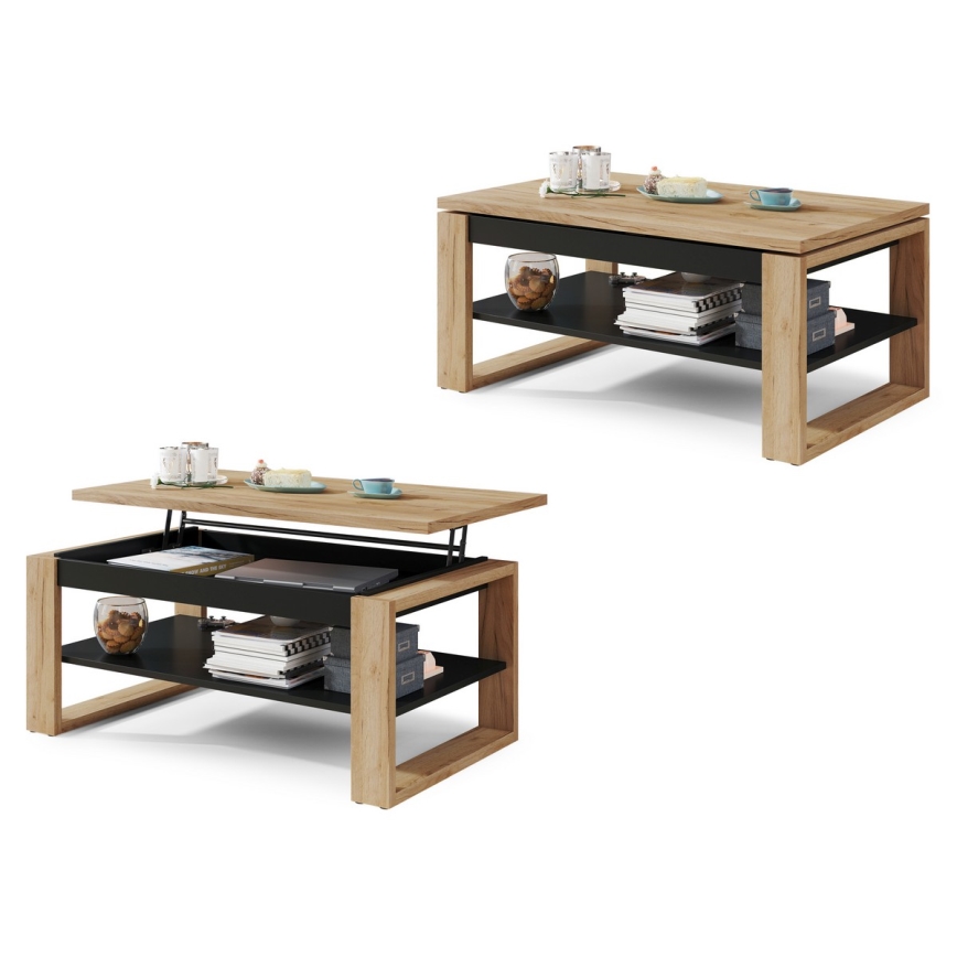 Table basse avec plateau relevable et étagère NEA chêne/noir