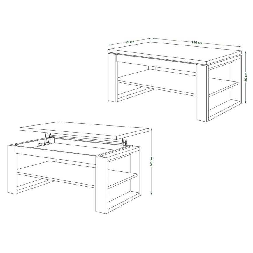 Table basse avec plateau relevable et étagère NEA chêne/noir