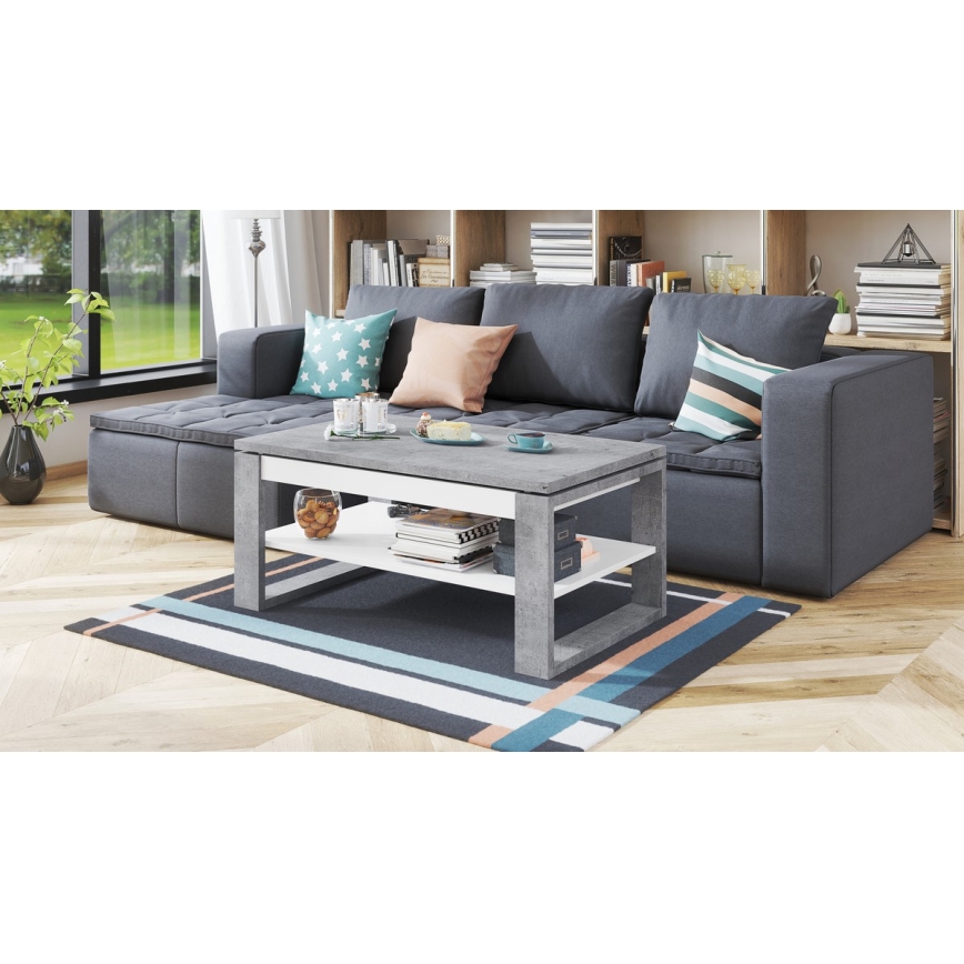 Table basse avec plateau relevable et étagère NEA, gris béton/blanc