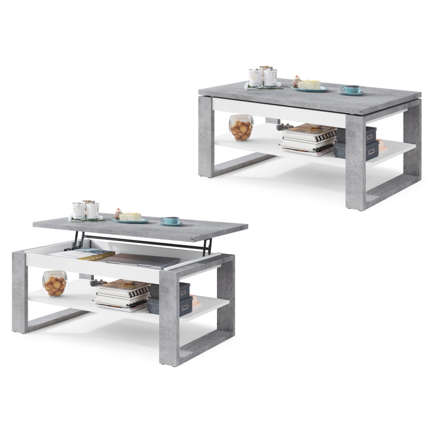 Table basse avec plateau relevable et étagère NEA, gris béton/blanc
