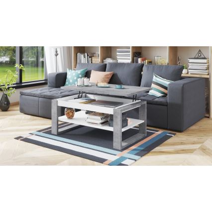 Table basse avec plateau relevable et étagère NEA gris/blanc