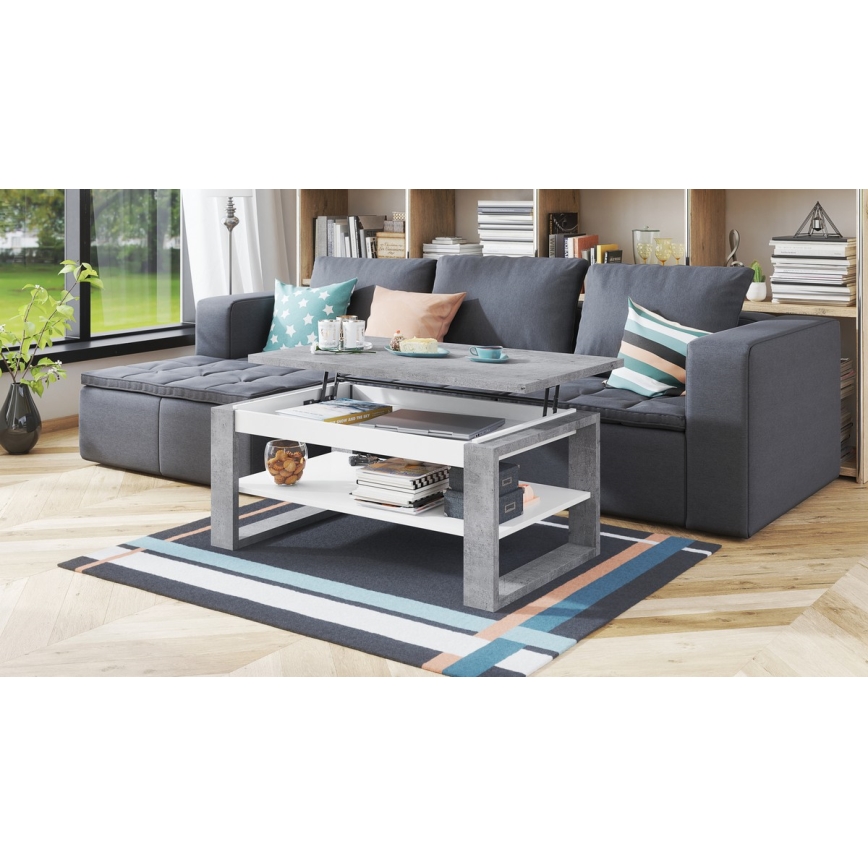 Table basse avec plateau relevable et étagère NEA gris/blanc