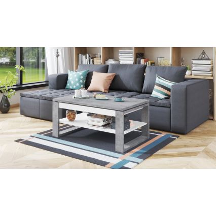 Table basse avec plateau relevable et étagère NEA gris/blanc