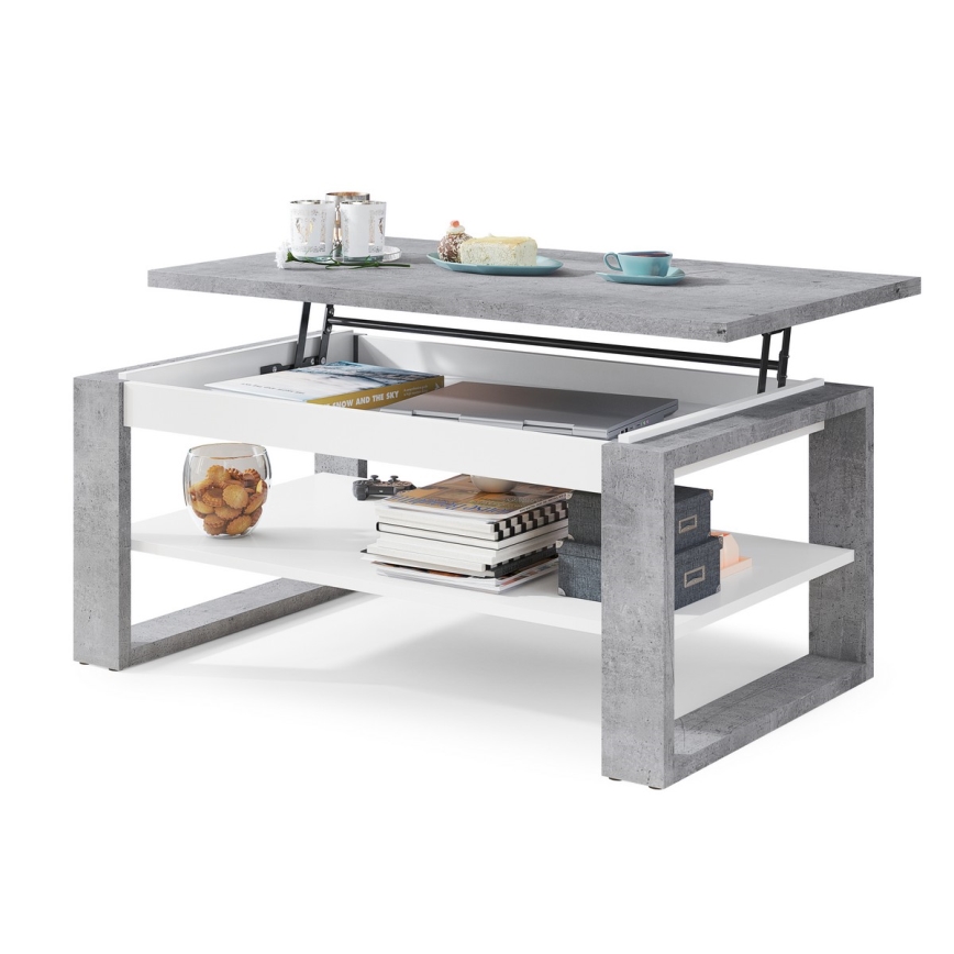 Table basse avec plateau relevable et étagère NEA gris/blanc