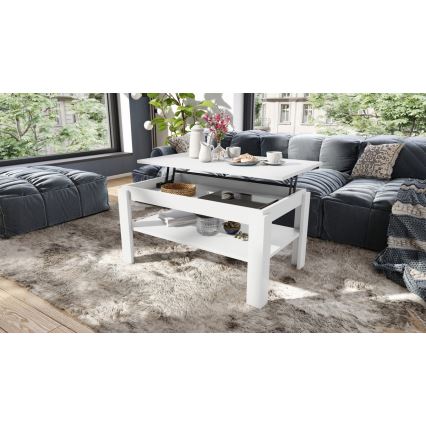 Table basse convertible avec plateau relevable et étagère ADEN blanche