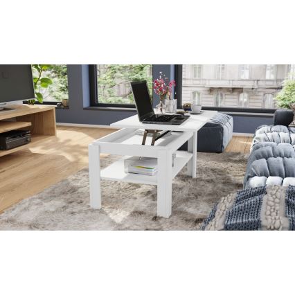 Table basse convertible avec plateau relevable et étagère ADEN blanche