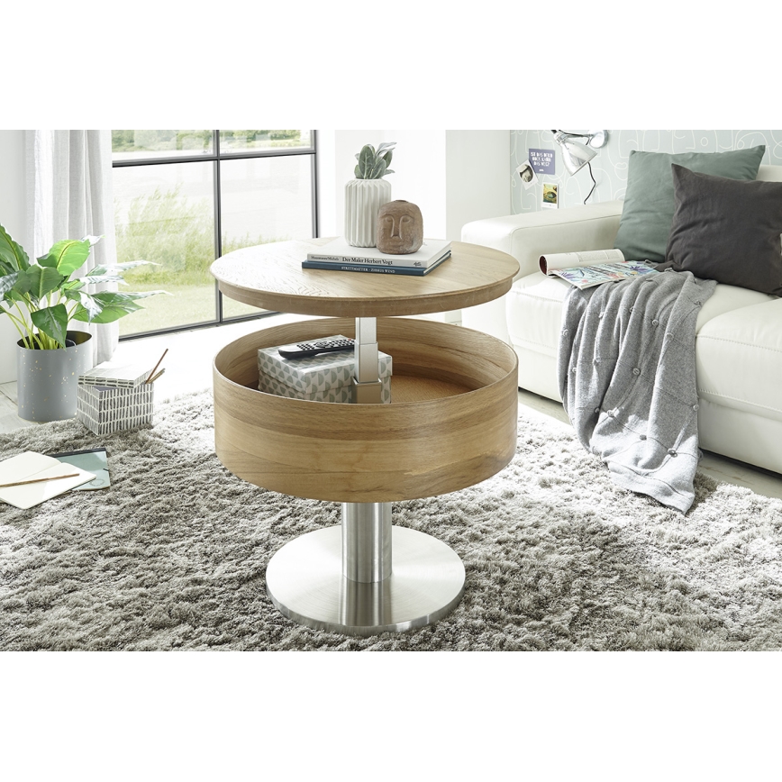 Table basse ELEMENT à plateau relevable, diamètre 60 cm, chêne/argenté