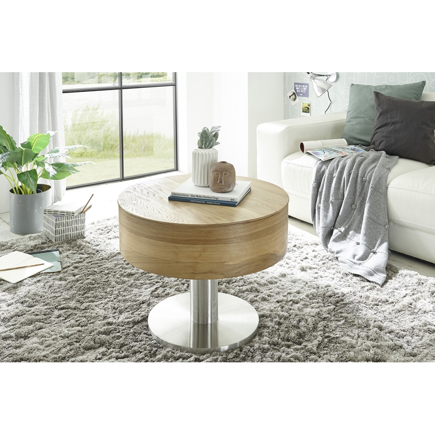 Table basse ELEMENT à plateau relevable, diamètre 60 cm, chêne/argenté