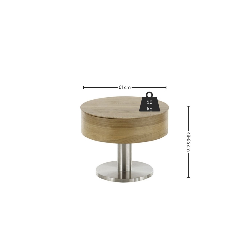 Table basse ELEMENT à plateau relevable, diamètre 60 cm, chêne/argenté