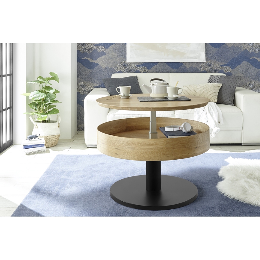 Table basse ELEMENT avec plateau relevable Ø 75 cm chêne/noir