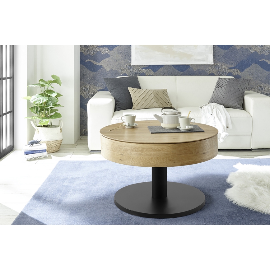 Table basse ELEMENT avec plateau relevable Ø 75 cm chêne/noir