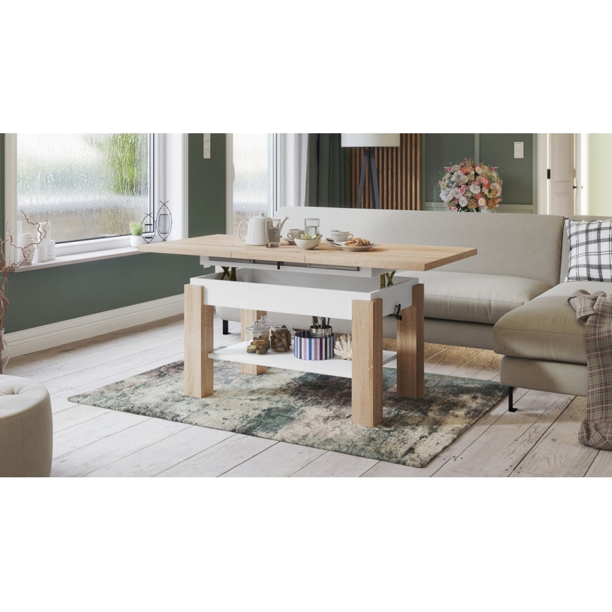 Table basse extensible/à manger avec étagère ADONIS chêne sonoma/blanc