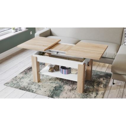 Table basse extensible/à manger avec étagère ADONIS chêne sonoma/blanc