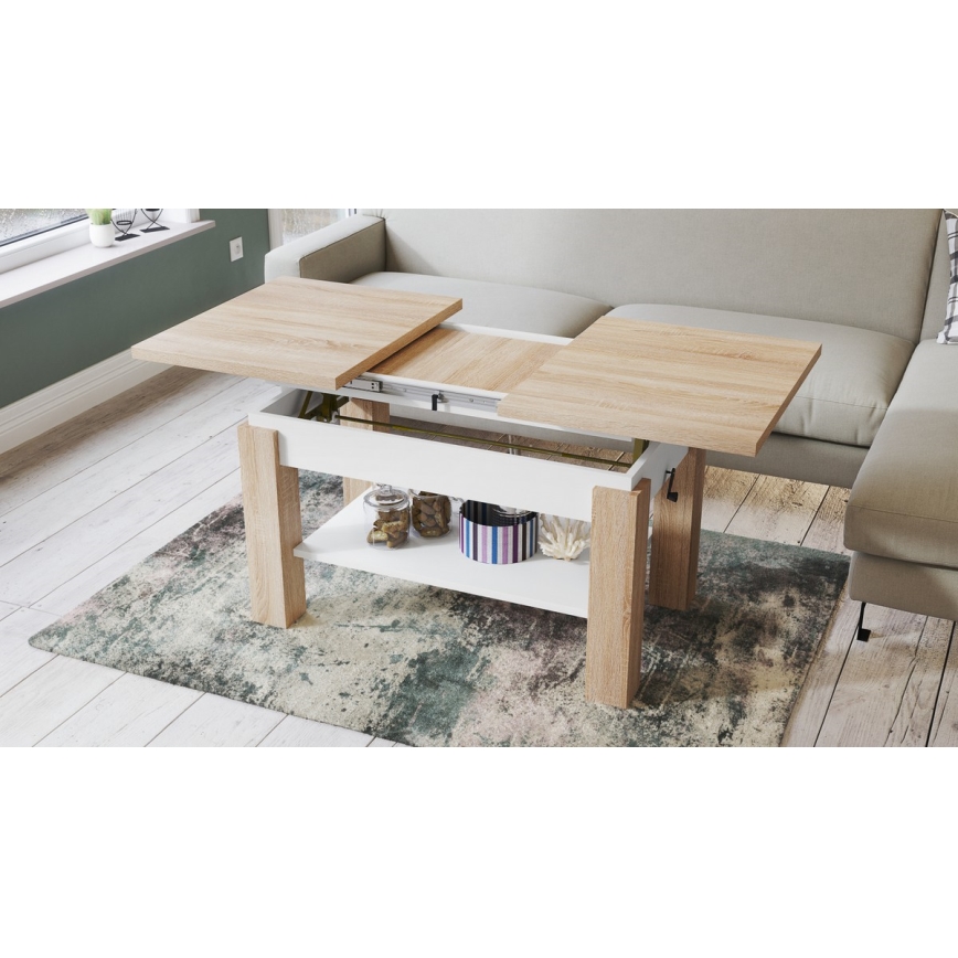 Table basse extensible/à manger avec étagère ADONIS chêne sonoma/blanc