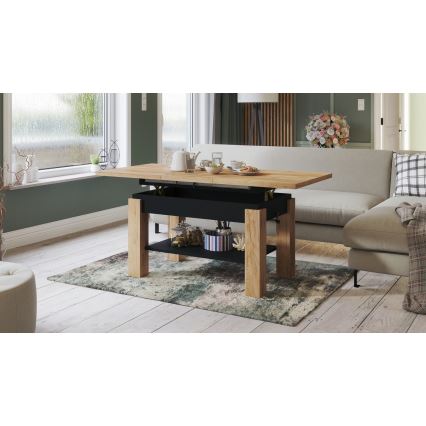 Table basse extensible avec étagère ADONIS 110/150x68 cm chêne craft/noir